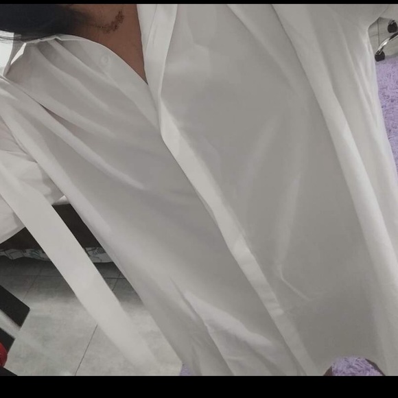 Classic elegant Plus Size Tie knot Long Sleeve Button Down Shirt Dress White - Picture 8 of 9